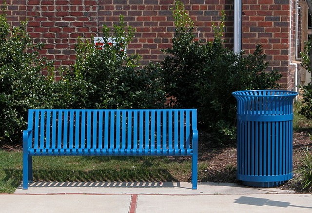 Metal Park Bench and Trashcan